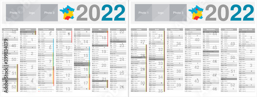 Calendrier 2022 14 mois avec vacances scolaires officielles au format 320 x 420 mm recto verso entièrement modifiable via calques et texte arial