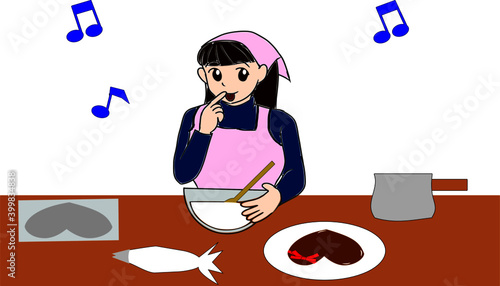 バレンタインのチョコレートをつくる女性　ロングヘア