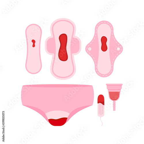 Sanitary napkin, women menstrual pad, tampon, reusable pad, menstrual cup underpants  with menstruation blood icon vector set isolated on white background. Flat design cartoon style illustration.