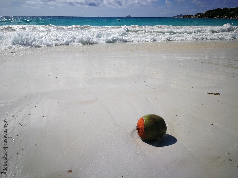 Blue water, white sand beach, boat, summer, waves, Seychelles islands, beach towel Blue water, white sand beach, boat, summer, waves, Seychelles islands, beach towel