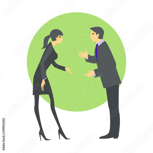 Man and woman in a business suit in a conflict conversation. Vector illustration.