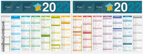 Calendrier 2022 14 mois avec vacances scolaires officielles au format 320 x 420 mm recto verso entièrement modifiable via calques et texte arial