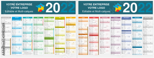 Calendrier 2022 14 mois avec vacances scolaires officielles au format 320 x 420 mm recto verso entièrement modifiable via calques et texte arial