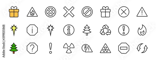 WARNINGS simple set of thin line vector icons. Contains icons such as warning, exclamation mark, reuse, warning sign and more. Editable stroke. Vector illustration