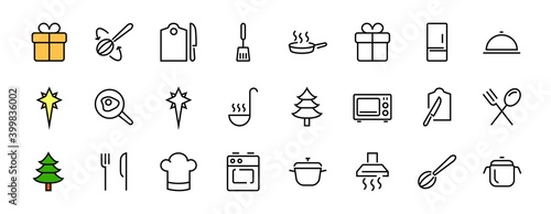 Set of cooking and kitchen icons, Vector lines, contains icons such as frying pan, frying, microwave, fork with spoon, Editable stroke, perfect 480x480 pixels, white background.