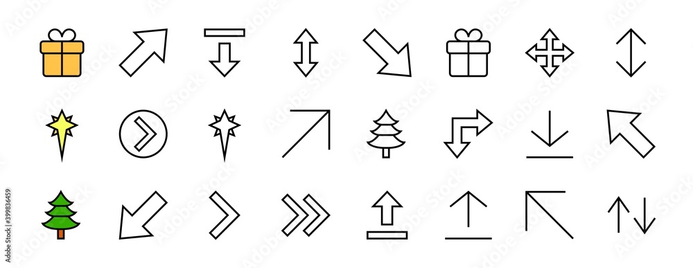 Set of line arrows, directions, arrows, contains icons such as pause, continuation, directly, to the right, Editable stroke. 480x480, On a white background, Vector illustration Set of line arrows, directions, arrows, contains icons such as pause, continuation, directly, to the right, Editable stroke. 480x480, On a white background, Vector illustration