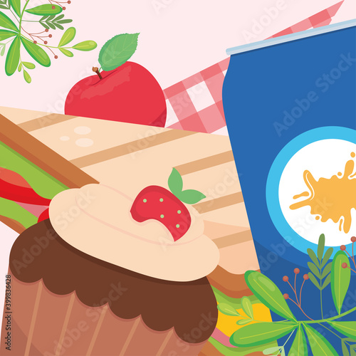 picnic sandwich muffin apple and soda vector design