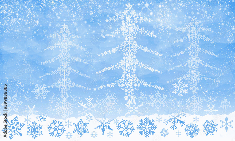 Blue Christmas card with illustration of white snowflakes in the shape of a Christmas tree