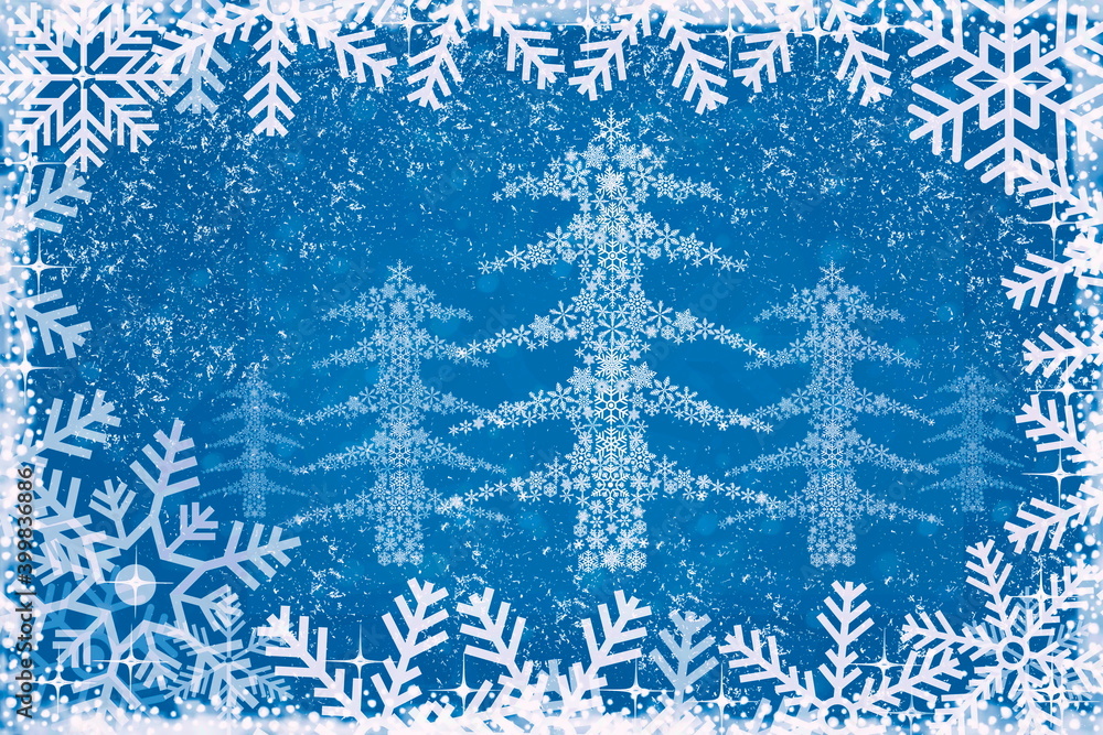 White frame of snowflakes with illustration of white snowflakes in the shape of a Christmas tree on dark blue background,Christmas greting card White frame of snowflakes with illustration of white snowflakes in the shape of a Christmas tree on dark blue background,Christmas greting card