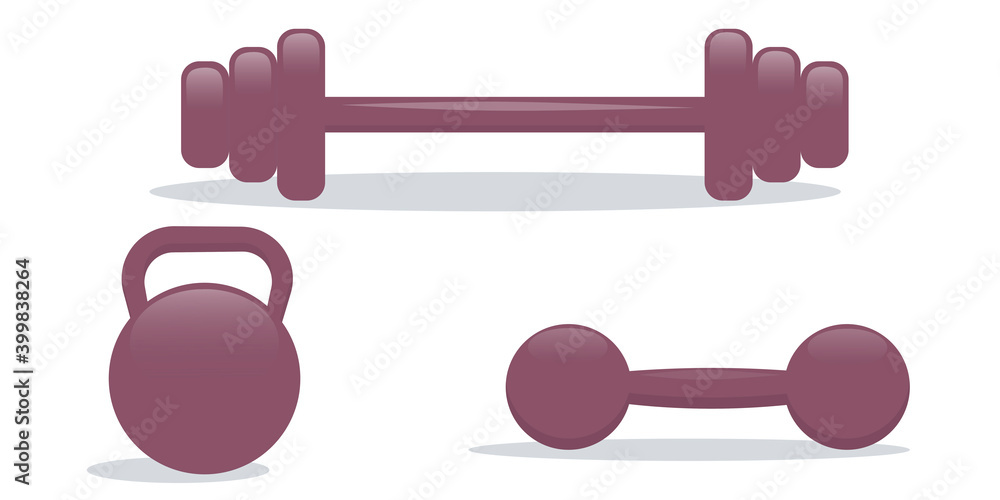 The sports kit is isolated on a white background. Metal kettlebell, barbell and dumbbells for sports and body swing. Vector illustration..
