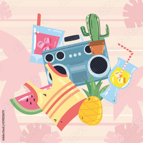 Summer tshirt recorder cactus and icons vector design