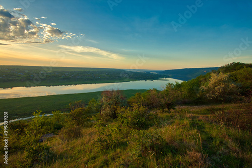 Beautiful view over the river on a sunrise. Outdoor recreation. Dniester panorama.