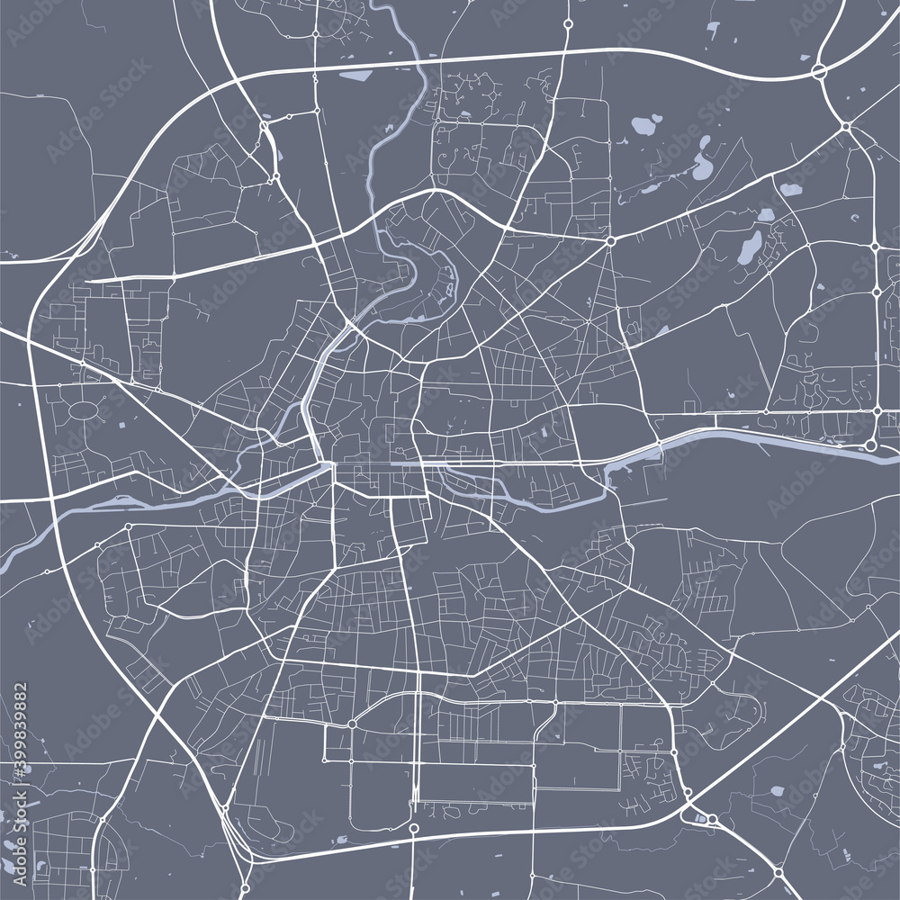 Detailed map of Rennes city, linear print map. Cityscape panorama.