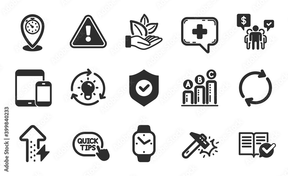 Idea, Teamwork and Medical chat icons simple set. Full rotation, Smartwatch and Timer signs. Organic product, Graph chart and Security shield symbols. Flat icons set. Vector Idea, Teamwork and Medical chat icons simple set. Full rotation, Smartwatch and Timer signs. Organic product, Graph chart and Security shield symbols. Flat icons set. Vector