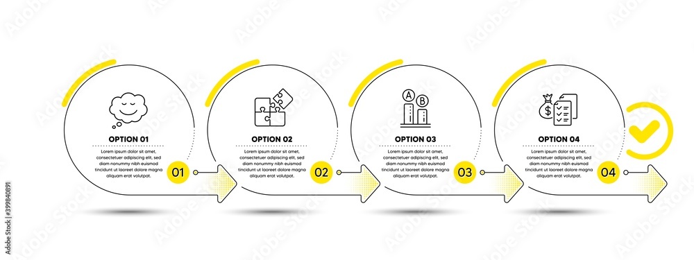 Plakat Speech bubble, Puzzle and Ab testing line icons set. Timeline process infograph. Accounting wealth sign. Comic chat, Engineering strategy, Test chart. Audit report. Technology set. Vector