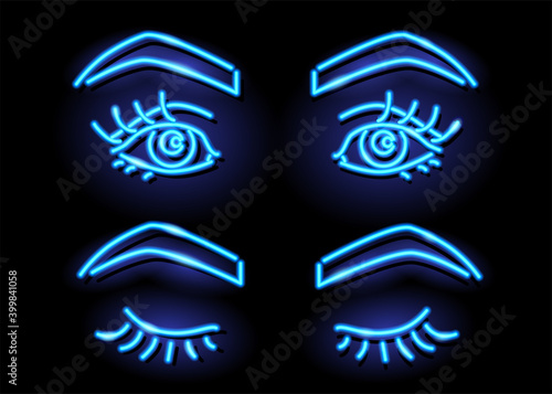 Neon women open and closed eyes with long eyelashes and eyebrow. Beauty salon, fashion, cosmetics, eyelash extension, makeup concept. Vector 10 EPS illustration isolated on dark background.