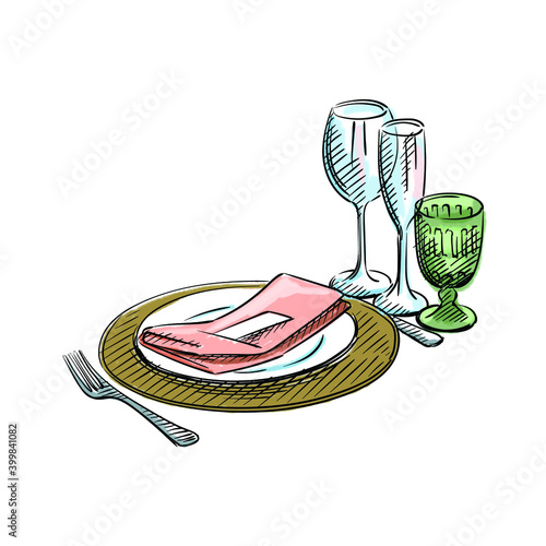 Colorful watercolor Hand-drawn sketch of table service set for Wedding ceremony. Preparation for wedding ceremony. Plates, champagne glasses, knife, spoon, fork, napkin, wine glass. Holiday. 