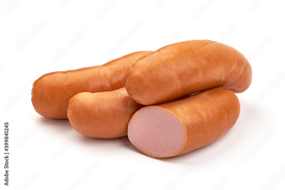 Boiled pork sausages, isolated on white background Boiled pork sausages, isolated on white background