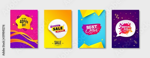 Sale 50 percent, Special offer and Best offer promo label set. Sticker template layout. Sale shape sign. Banner splash, Flyer tag, Liquid banner. Promotional tag set. Speech bubble banner. Vector