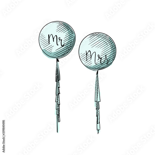 Hand-drawn sketch of balloons.Wedding accesories and attributes. Preparation for wedding ceremony. Bride and groom. Holiday. Celebration. Mr. and Mrs balloons	
