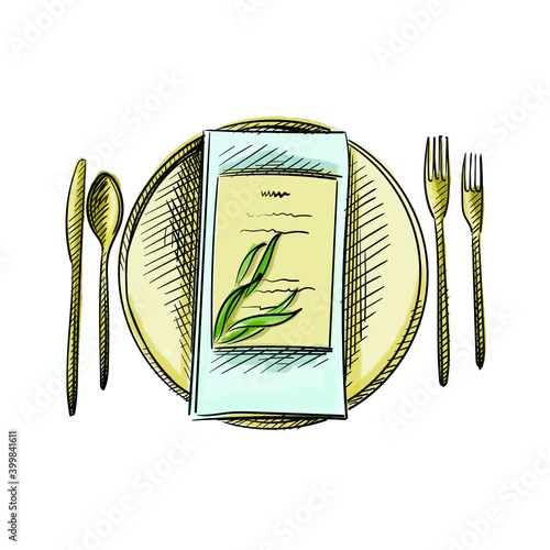Colorful watercolor Hand-drawn sketch of table service set for Wedding ceremony. Preparation for wedding ceremony. Plates, knife, spoon, fork, napkin. Holiday. Celebration.	
