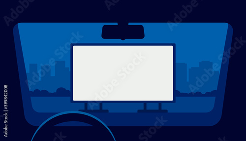 Drive cinema, car movie theater, auto theatre. View from window car in open air parking at night. Outdoor screen with movie scene. Car cinema or drive movie in open air. Vector illustration