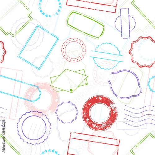 Lot of retro post and border stamps, grunge postmarks in old style, seamless pattern on white