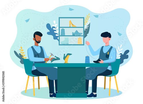 Two shoemakers sitting at the table fixing shoes with hammer and thread. Handicraft shoemaking process. Concept of shoe manufacture. Flat cartoon vector illustration