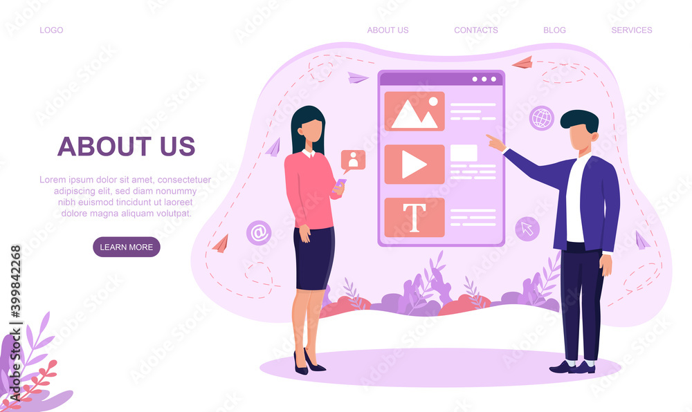 About us company and business information page. Idea of making people aware of contacts. Website, web page, landing page template. Flat cartoon vector illustration