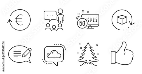 Return package, Christmas tree and Like line icons set. Message, Exchange currency and 5g internet signs. People chatting, Cloud communication symbols. Exchange goods, Spruce, Thumbs up. Vector