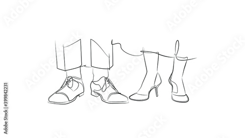 Bride and groom feet with one line. Black line vector illustration on white background