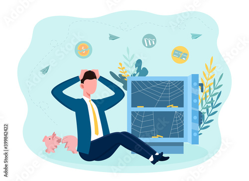 The poor man sitting near an open empty safe with only spider web inside. Concept of bankruptcy and financial crisis. Flat cartoon vector illustration