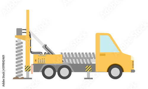 Yellow drilling truck in flat style. Special machine for the construction work. Isolated on white background.