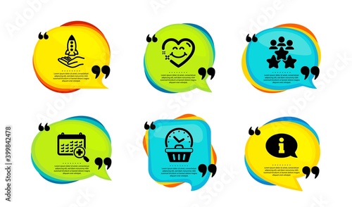 Last minute, Crowdfunding and Business meeting icons simple set. Speech bubble with quotes. Medical calendar, Smile face and Information signs. Opening hours, Start business, Rating star. Vector