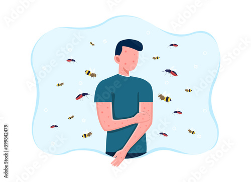 Man suffering from bee allergy. Red and itchy skin. Allergic skin reaction to bees and wasps flying around and stinging. Flat cartoon vector illustration