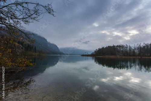 Fototapeta Naklejka Na Ścianę i Meble -  lake in the mountains with fog and rain clouds