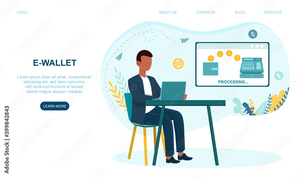 Man making money transfer to e-wallet. Concept of financial savings and online payment. Website, webpage, landing page template. Flat cartoon vector illustration Man making money transfer to e-wallet. Concept of financial savings and online payment. Website, webpage, landing page template. Flat cartoon vector illustration