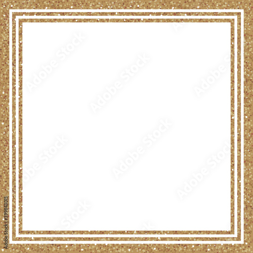 Gold glitter square frame with sparkles on white background.