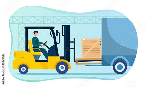 Male character loading goods with forklift in warehouse. Worker is dipping box into a truck. Warehouse modern interior wirh cargo truck. Flat cartoon vector illustration