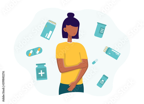 Woman with medecine allergy and red spots all over her skin. Red and itchy skin. Female character suffering from allergy and using pills. Flat cartoon vector illustration