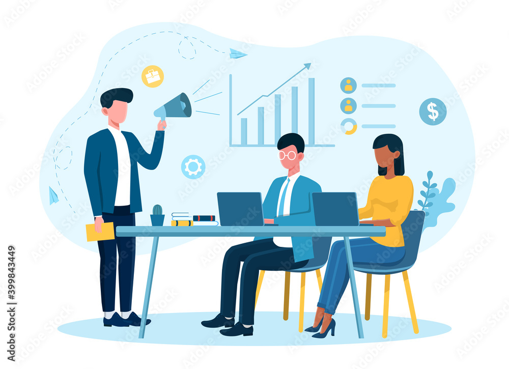 Male businessman is motivating employees in office. Concept of strategies motivator and incentives employees by boss. Flat cartoon vector illustration
