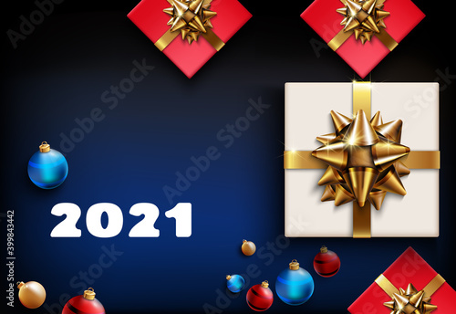 Merry Christmas, Happy New Year 2021. Set, blue background with realistic festive box. Christmas, X mas present. Gift boxes with a surprise, trinkets, balls. Flyer and brochure. glitter gold, ribbon