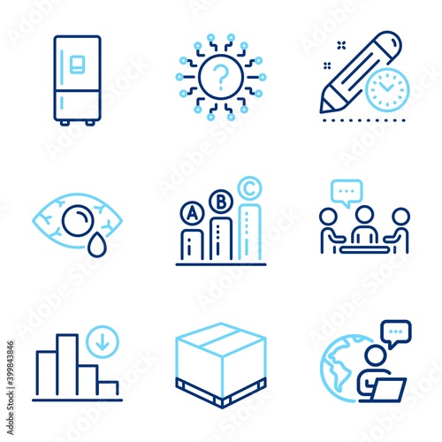 Business icons set. Included icon as Question mark, Project deadline, Decreasing graph signs. Delivery box, People chatting, Conjunctivitis eye symbols. Graph chart, Refrigerator. Vector