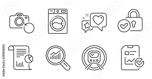Washing machine, Heart and Verified locker line icons set. Report checklist, Recovery photo and Report signs. Data analysis, Metro subway symbols. Laundry, Star rating, Protection locker. Vector