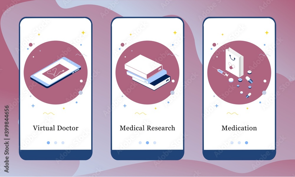 Application design set for Virtual Doctor, Medical Research and Medication. UI onboarding screens design. Mobile app 3D isometric template web site. Modern vector illustrations for user interface. Application design set for Virtual Doctor, Medical Research and Medication. UI onboarding screens design. Mobile app 3D isometric template web site. Modern vector illustrations for user interface.