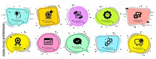Education icons set. Speech bubble offer banners. Vector coupon badge. Included icon as Approved message, Winner ribbon, Chemical formula signs. Vector