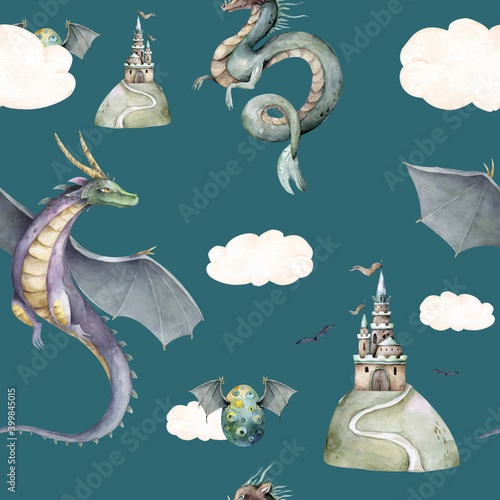 Magic cute baby seamless pattern with fairy green dragon catsle elements and characters photo