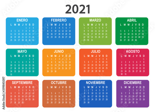 Spanish 2021 year vector calendar. Week starts on Lunes Monday. Colorful illustration