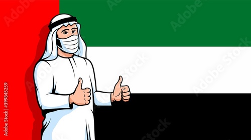 Arabic man in medical mask thumbs up on united arab emirates flag background. New normal. Muslim person from UAE. Vector illustration.