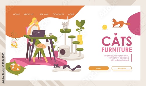 Cats furniture vector landing page template. Woman sitting on freelance workplace and watching at kitten pets on scratching post